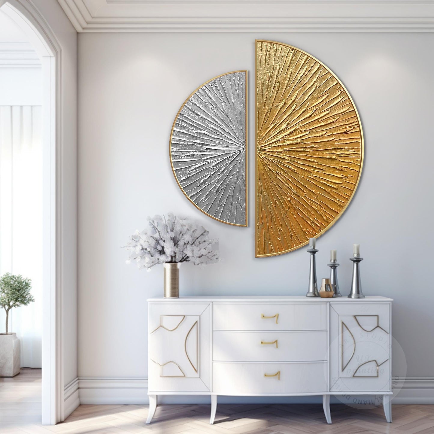 Gold Silver Textured 2 Pieces Semicircle Painting,Round Painting,Luxury Room Sil #5