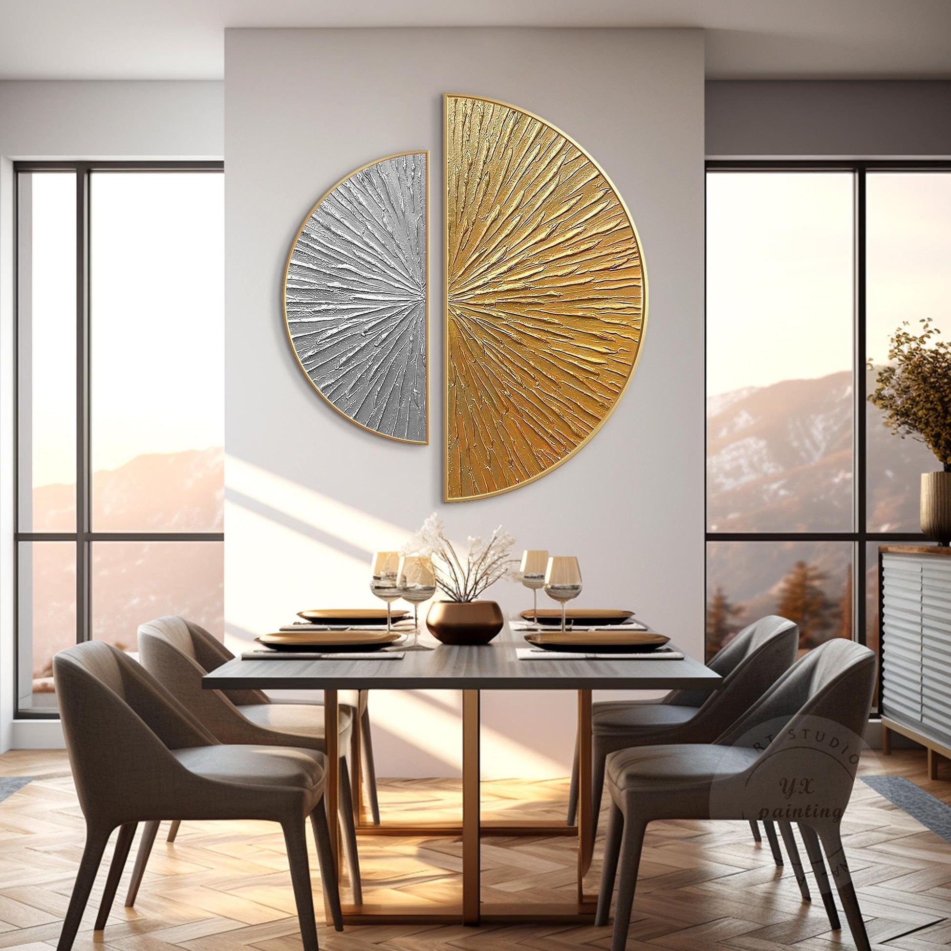 Gold Silver Textured 2 Pieces Semicircle Painting,Round Painting,Luxury Room Sil #1