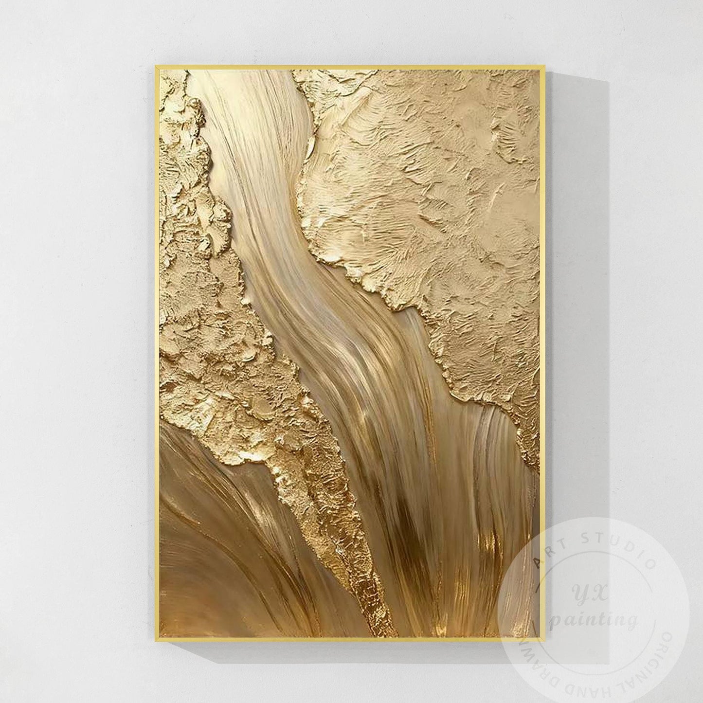 Gold Textured Abstract Wall Art, Vertical Framed Canvas, Luxury Minimalist Metal #11