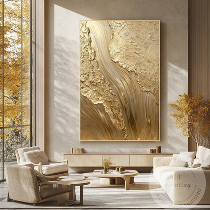 Gold Textured Abstract Wall Art, Vertical Framed Canvas, Luxury Minimalist Metal #3