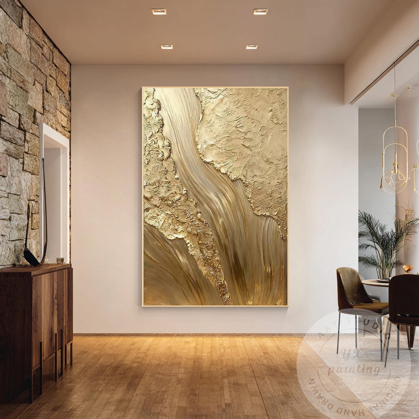Gold Textured Abstract Wall Art, Vertical Framed Canvas, Luxury Minimalist Metal #4