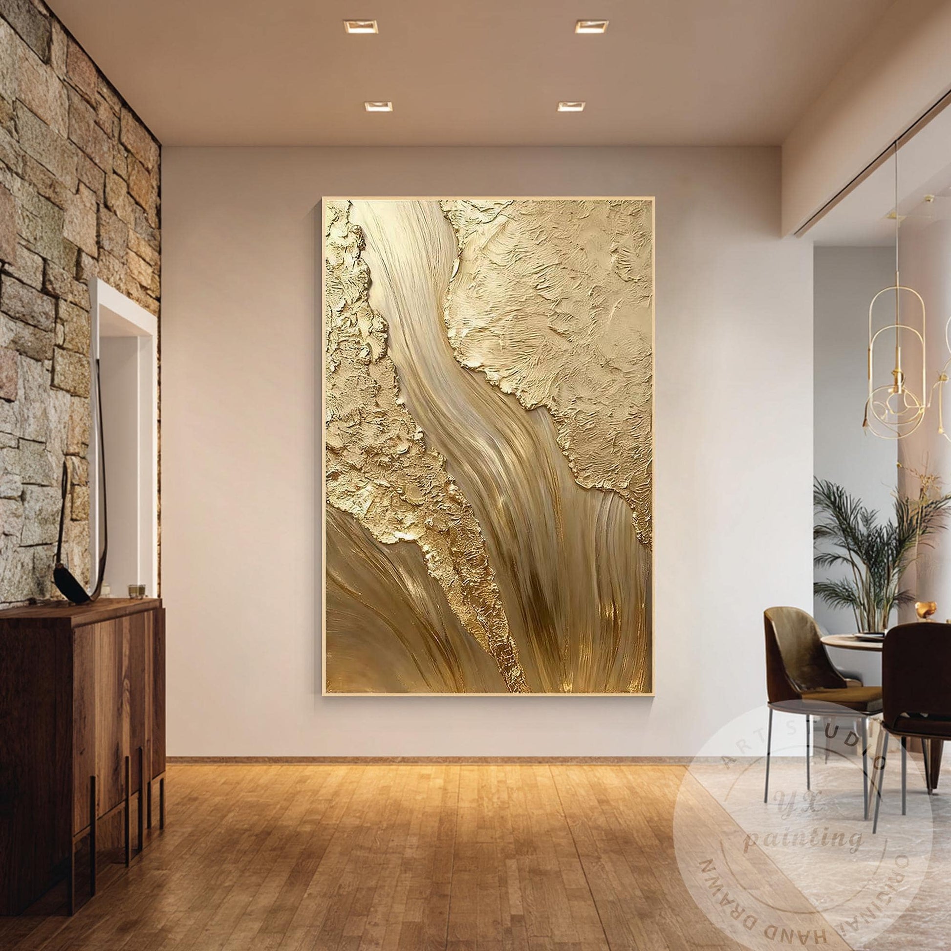 Gold Textured Abstract Wall Art, Vertical Framed Canvas, Luxury Minimalist Metal #4