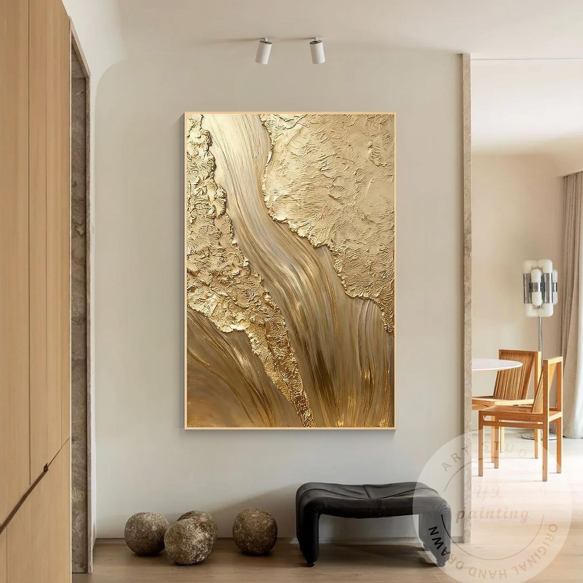 Gold Textured Abstract Wall Art, Vertical Framed Canvas, Luxury Minimalist Metal #5