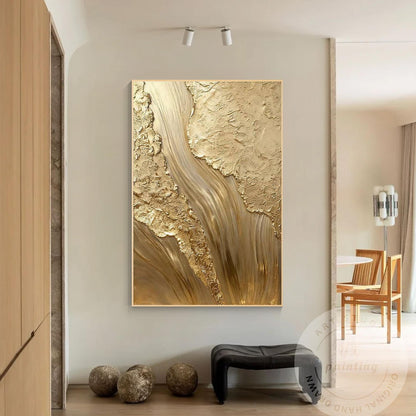 Gold Textured Abstract Wall Art, Vertical Framed Canvas, Luxury Minimalist Metal #5