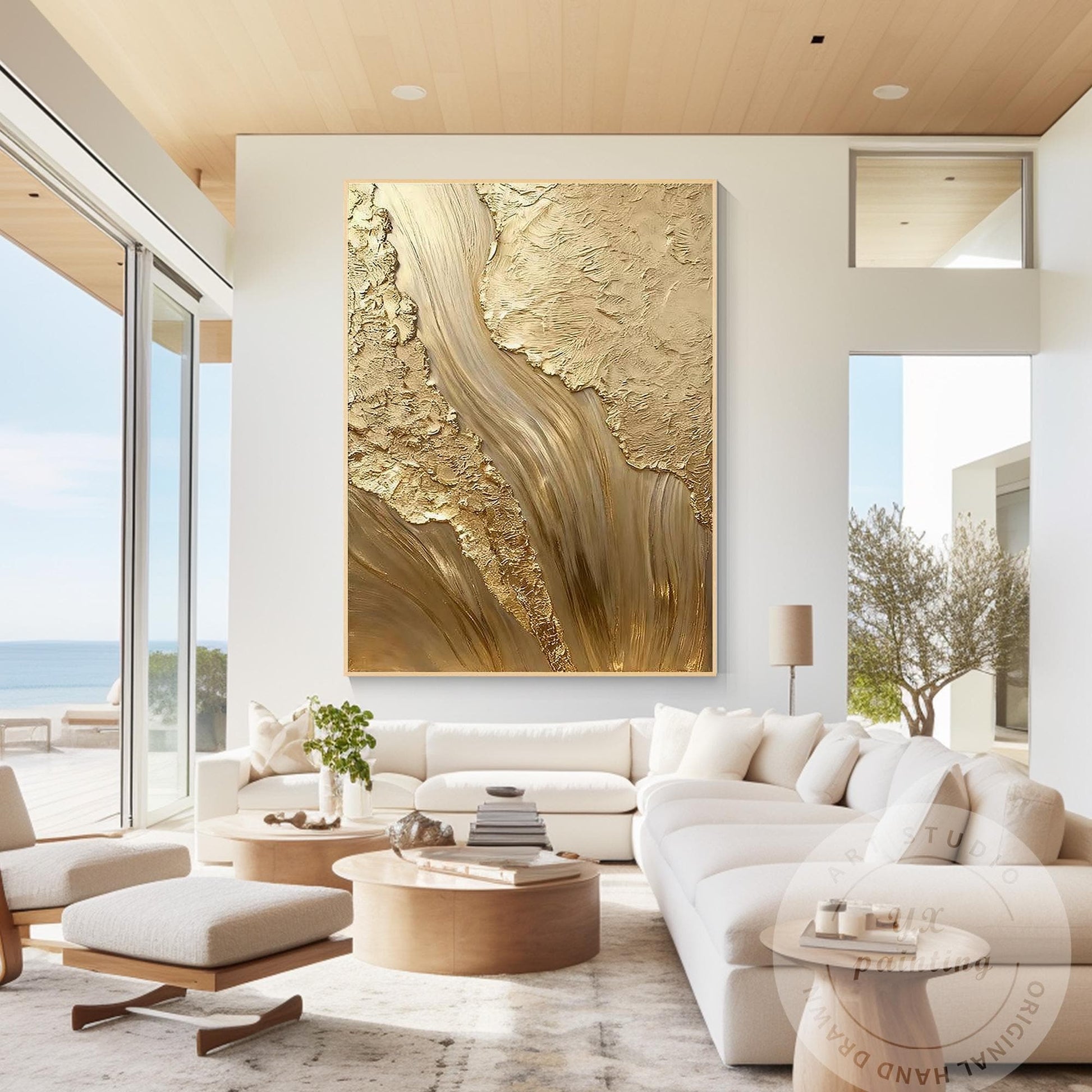 Gold Textured Abstract Wall Art, Vertical Framed Canvas, Luxury Minimalist Metal #6