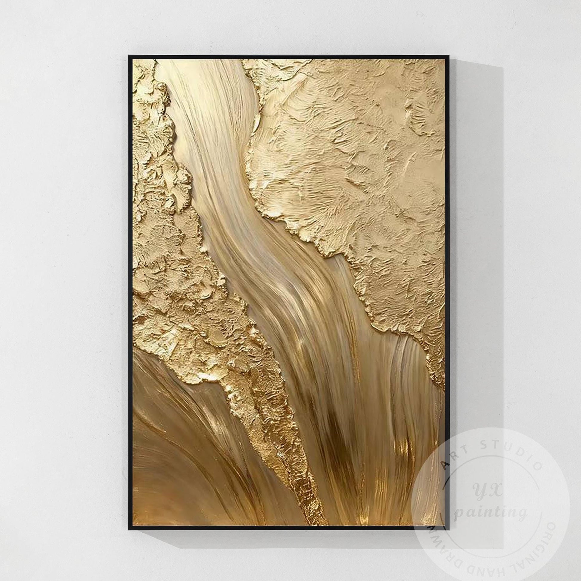 Gold Textured Abstract Wall Art, Vertical Framed Canvas, Luxury Minimalist Metal #9
