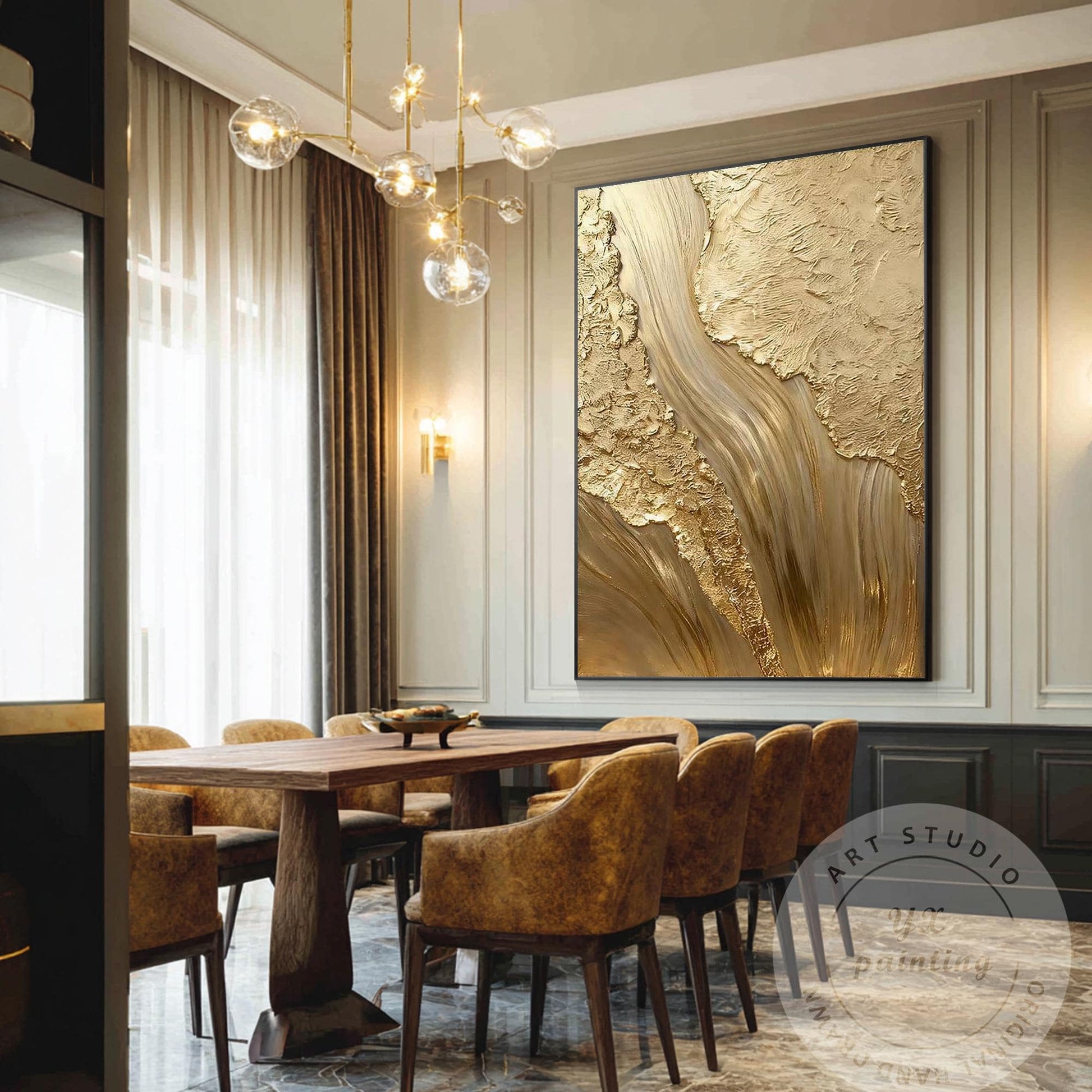 Gold Textured Abstract Wall Art, Vertical Framed Canvas, Luxury Minimalist Metal #1