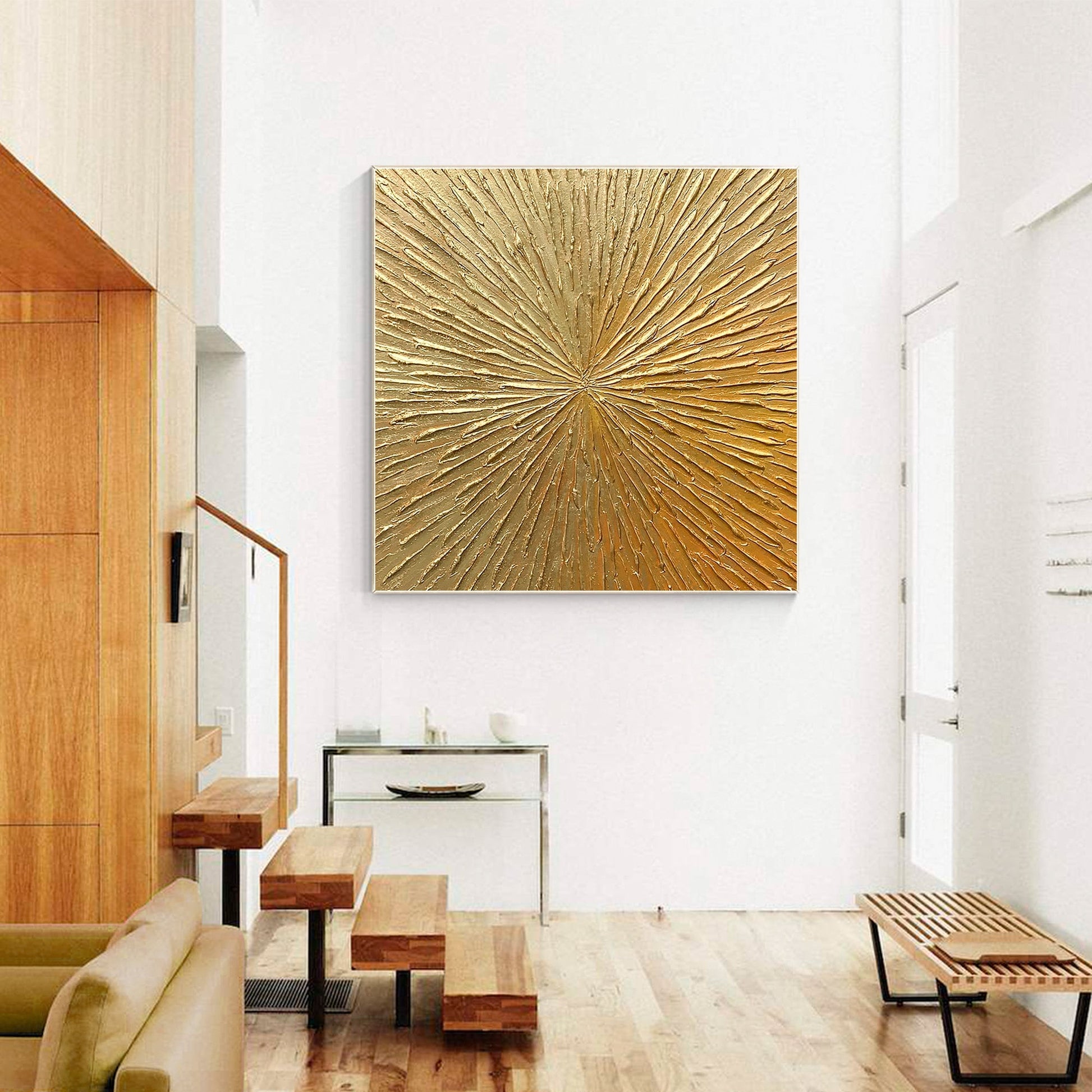 Gold Textured Art Abstract Painting Minimalist Painting On Canvas, Square Gold W #1
