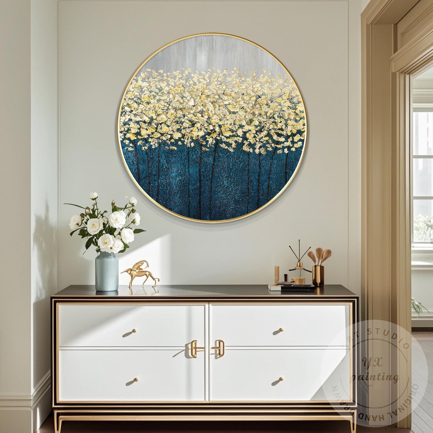 Gold Tree Abstract Painting: Round Framed Textured Wall Art #2