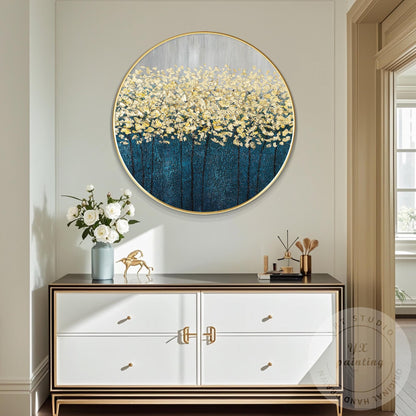 Gold Tree Abstract Painting: Round Framed Textured Wall Art #2