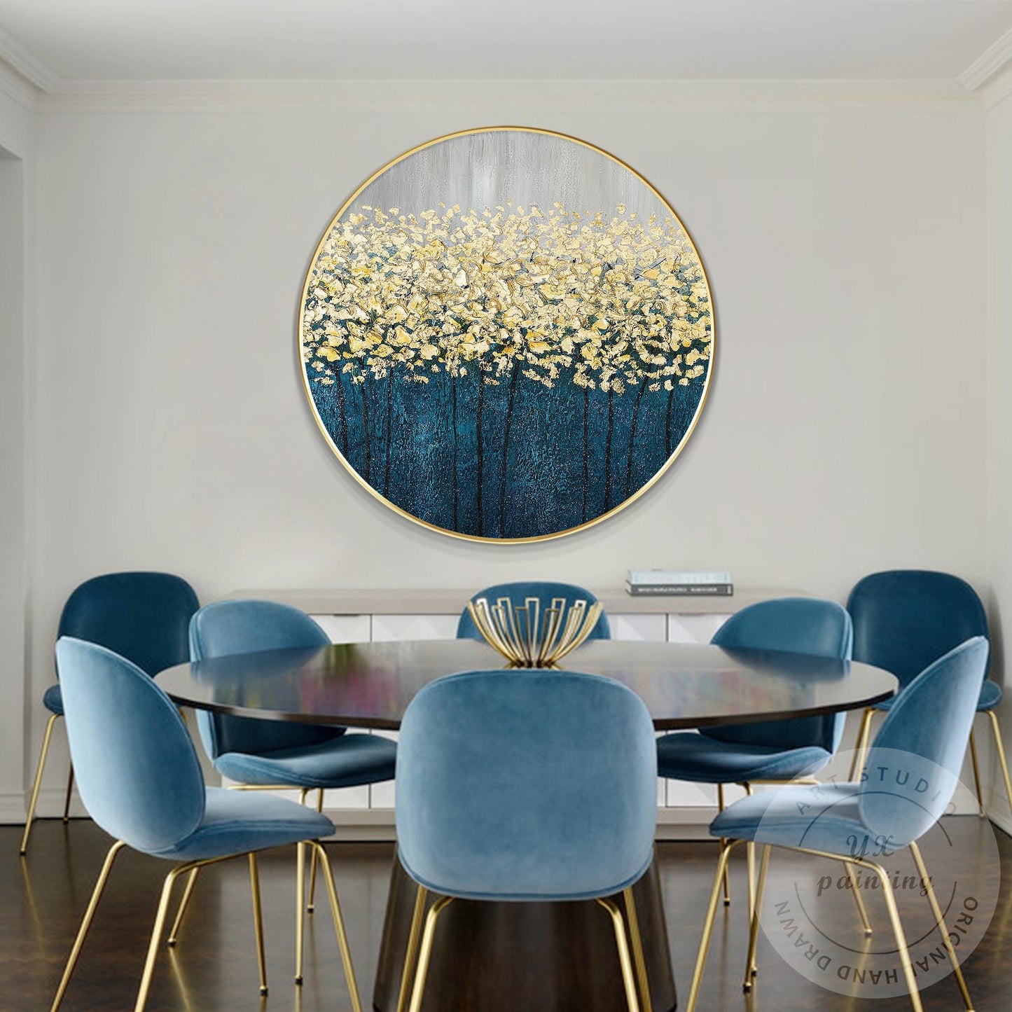 Gold Tree Abstract Painting: Round Framed Textured Wall Art #3