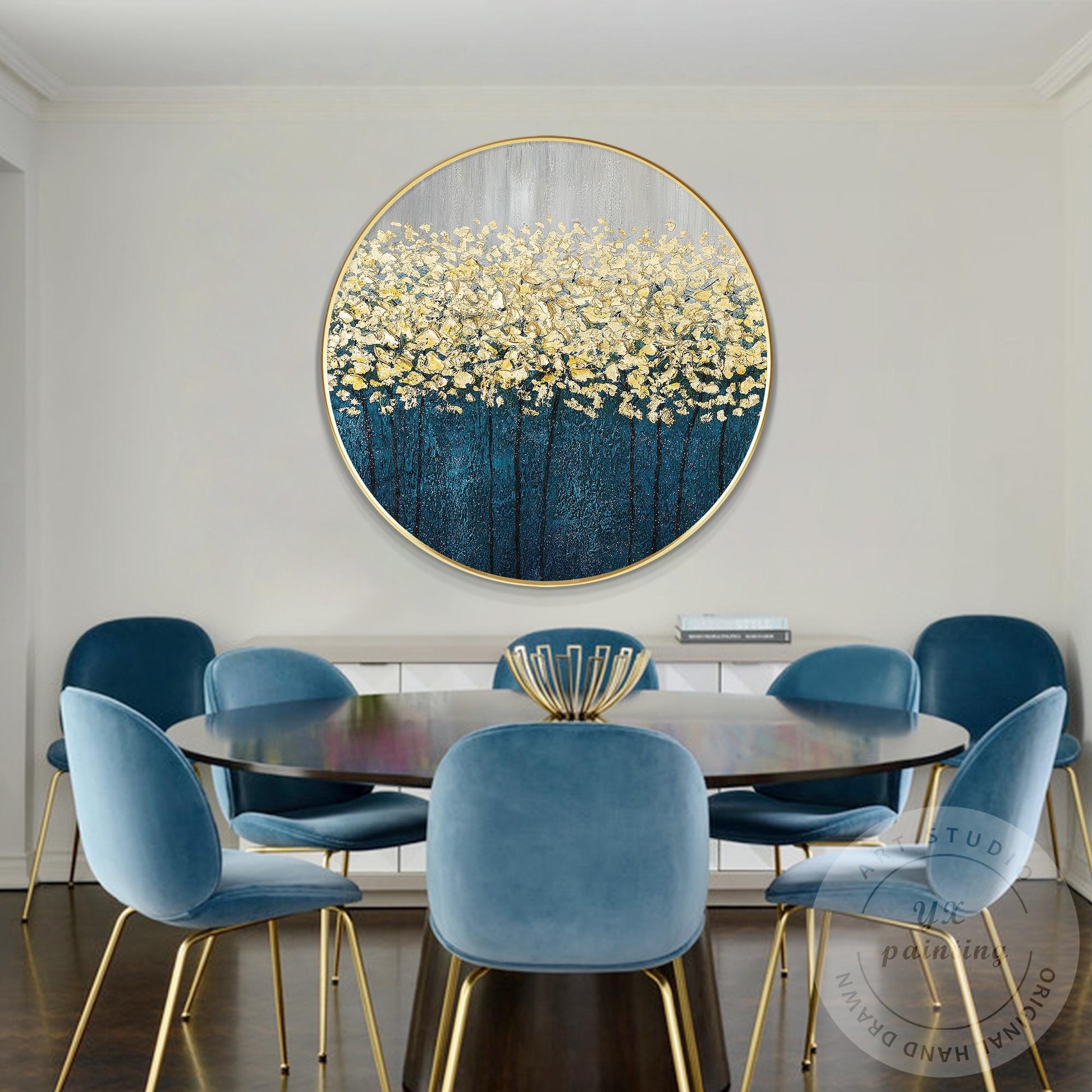 Gold Tree Abstract Painting: Round Framed Textured Wall Art #3