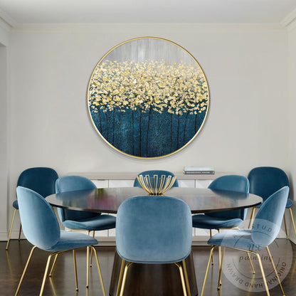 Gold Tree Abstract Painting: Round Framed Textured Wall Art #3