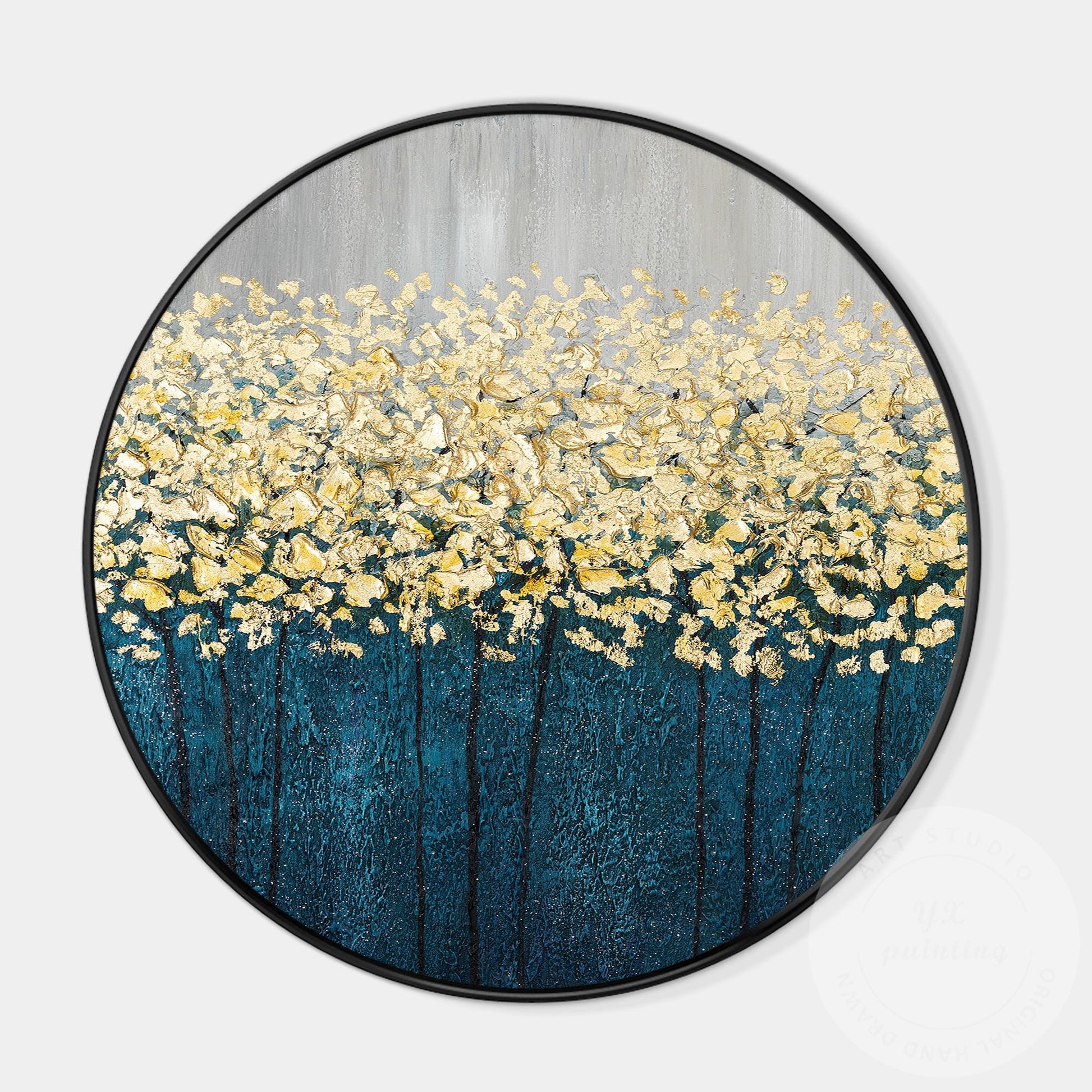 Gold Tree Abstract Painting: Round Framed Textured Wall Art #6