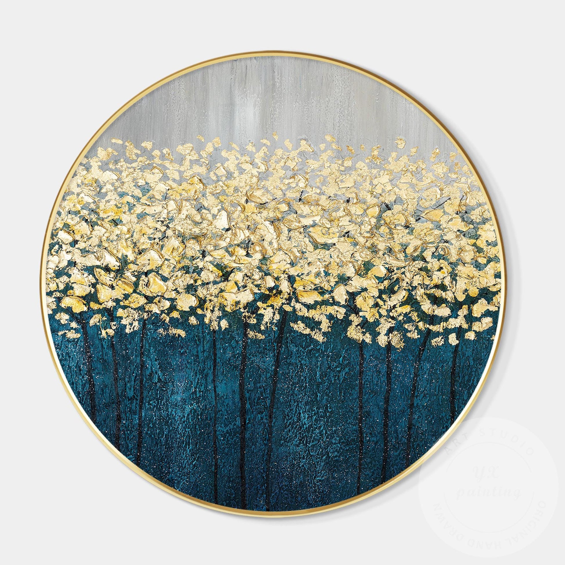 Gold Tree Abstract Painting: Round Framed Textured Wall Art #7