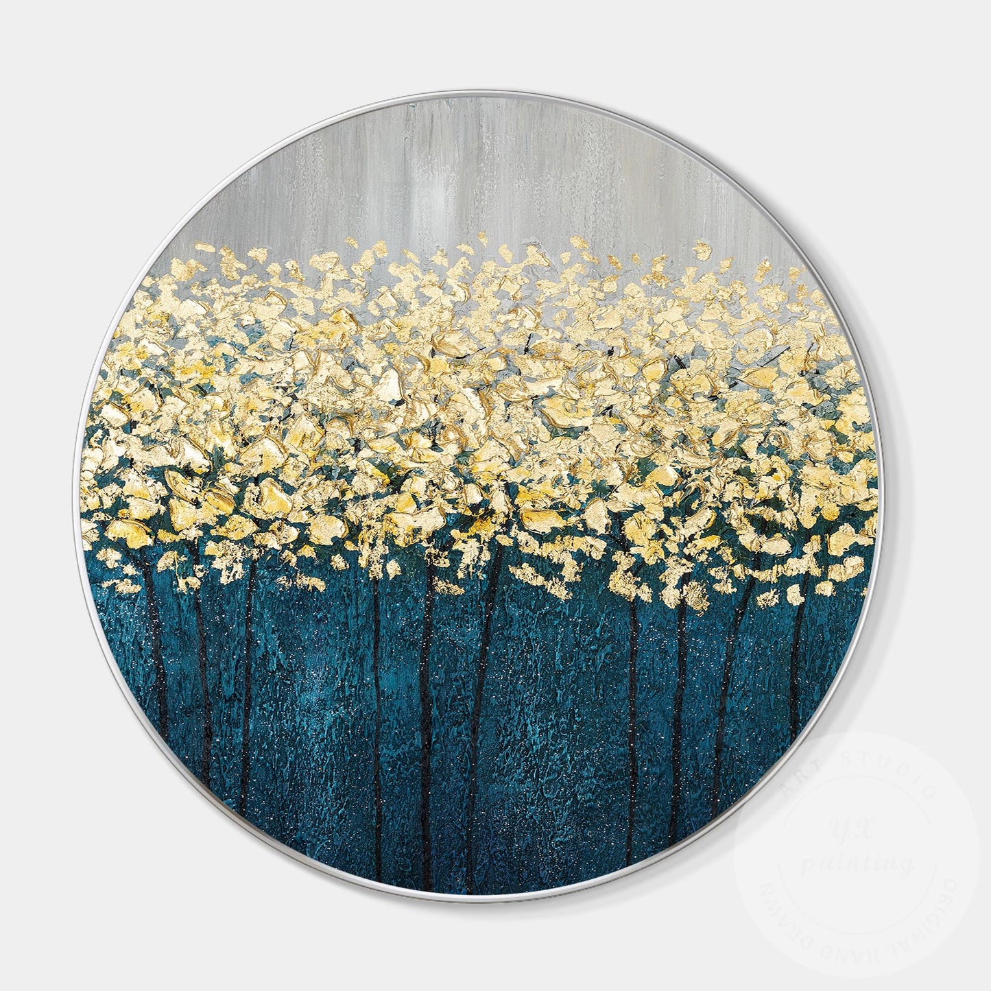 Gold Tree Abstract Painting: Round Framed Textured Wall Art #8