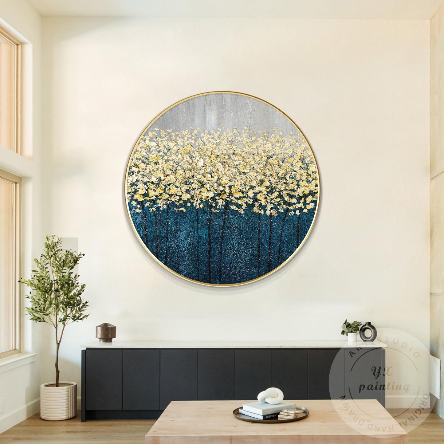 Gold Tree Abstract Painting: Round Framed Textured Wall Art #1