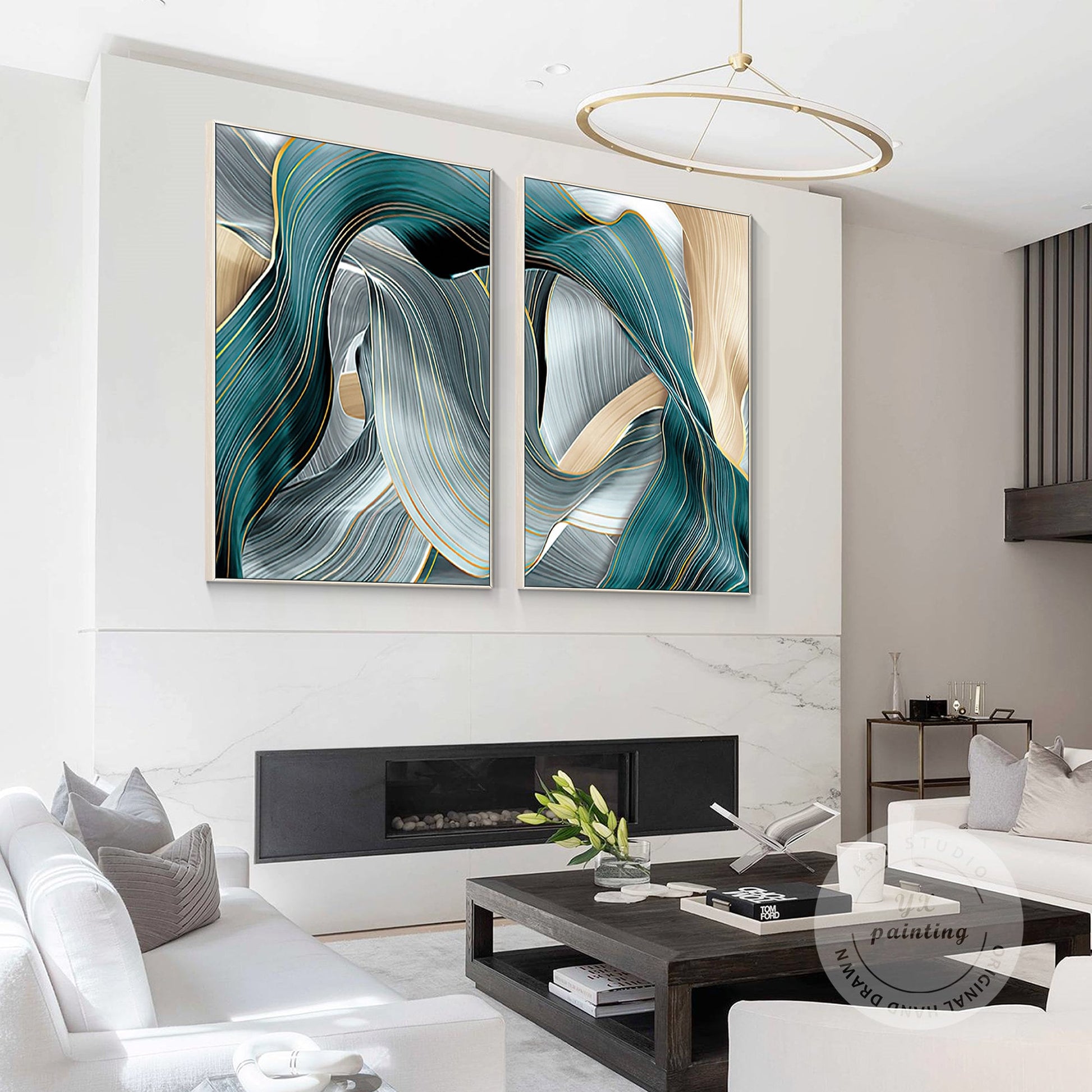 Gold Turquoise Ribbon Abstract Painting Set: Framed Canvas Wall Art #2