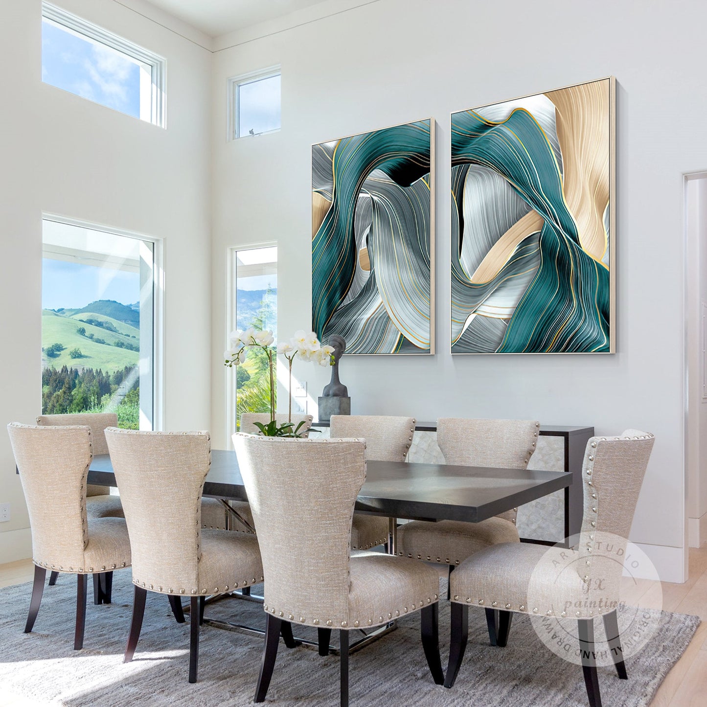 Gold Turquoise Ribbon Abstract Painting Set: Framed Canvas Wall Art #3