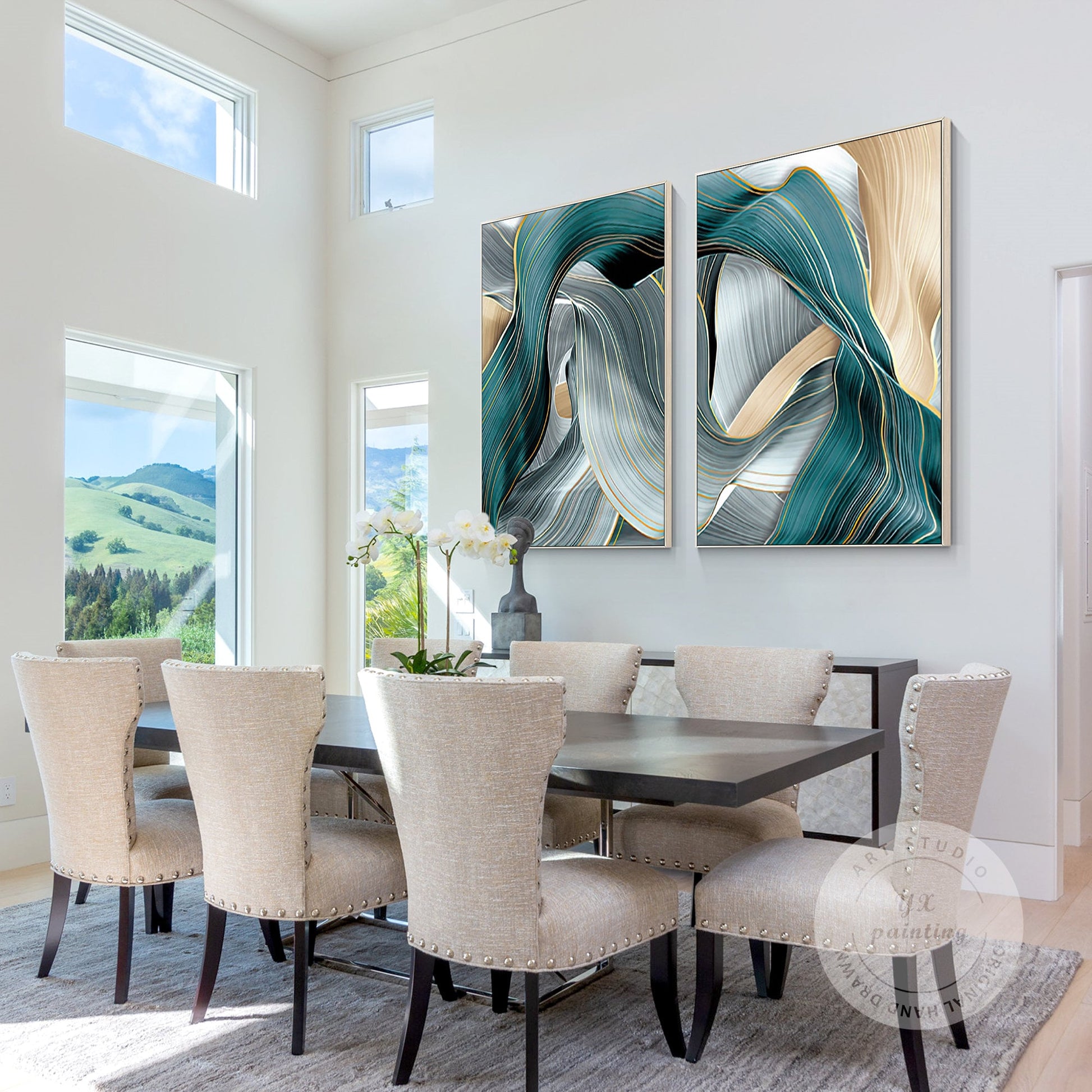 Gold Turquoise Ribbon Abstract Painting Set: Framed Canvas Wall Art #3