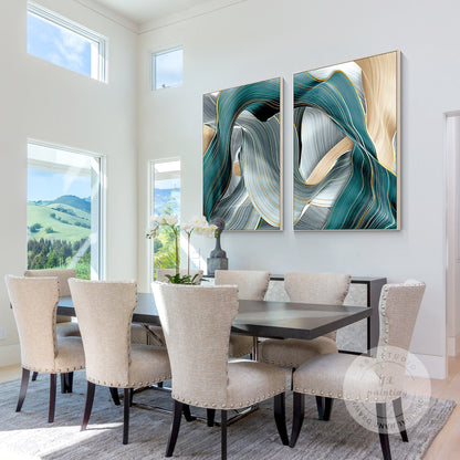 Gold Turquoise Ribbon Abstract Painting Set: Framed Canvas Wall Art #3