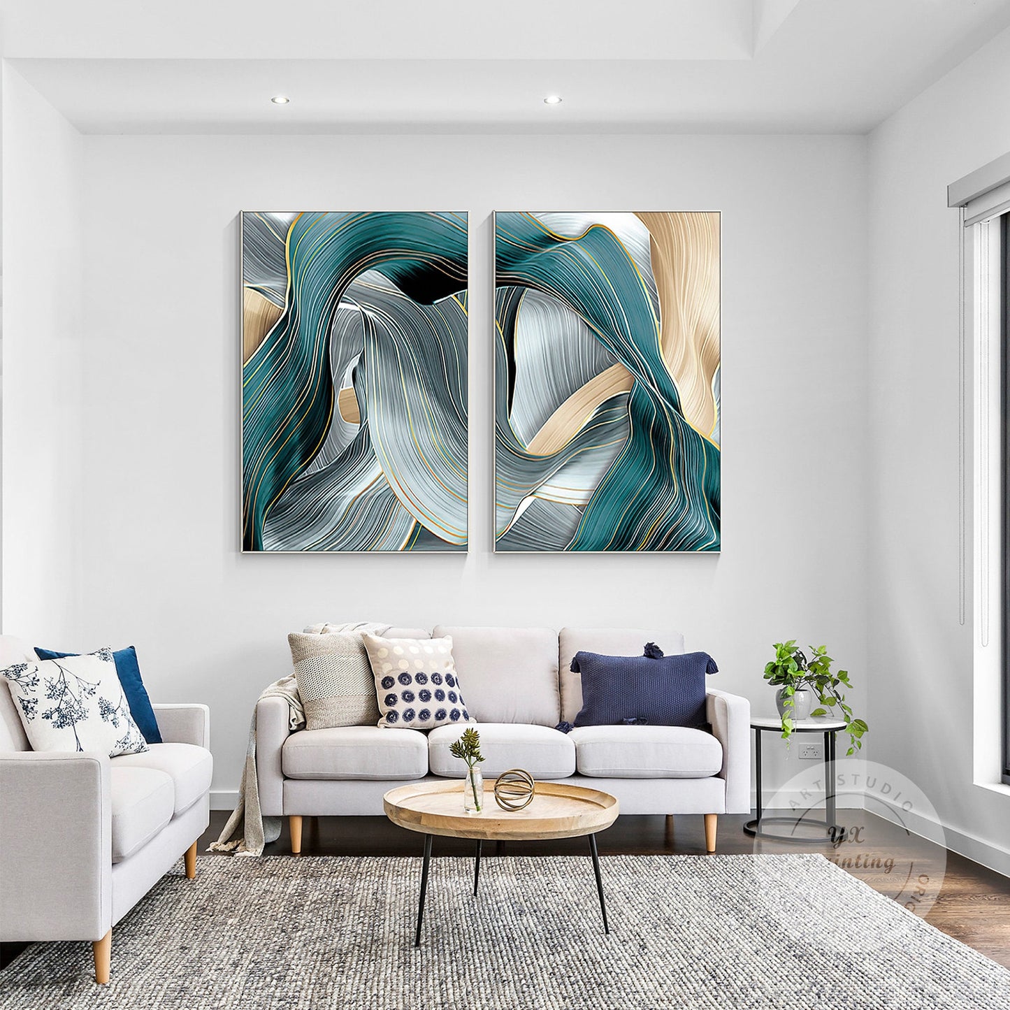 Gold Turquoise Ribbon Abstract Painting Set: Framed Canvas Wall Art #4