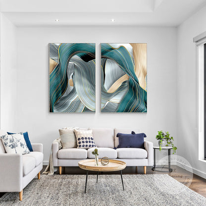 Gold Turquoise Ribbon Abstract Painting Set: Framed Canvas Wall Art #4