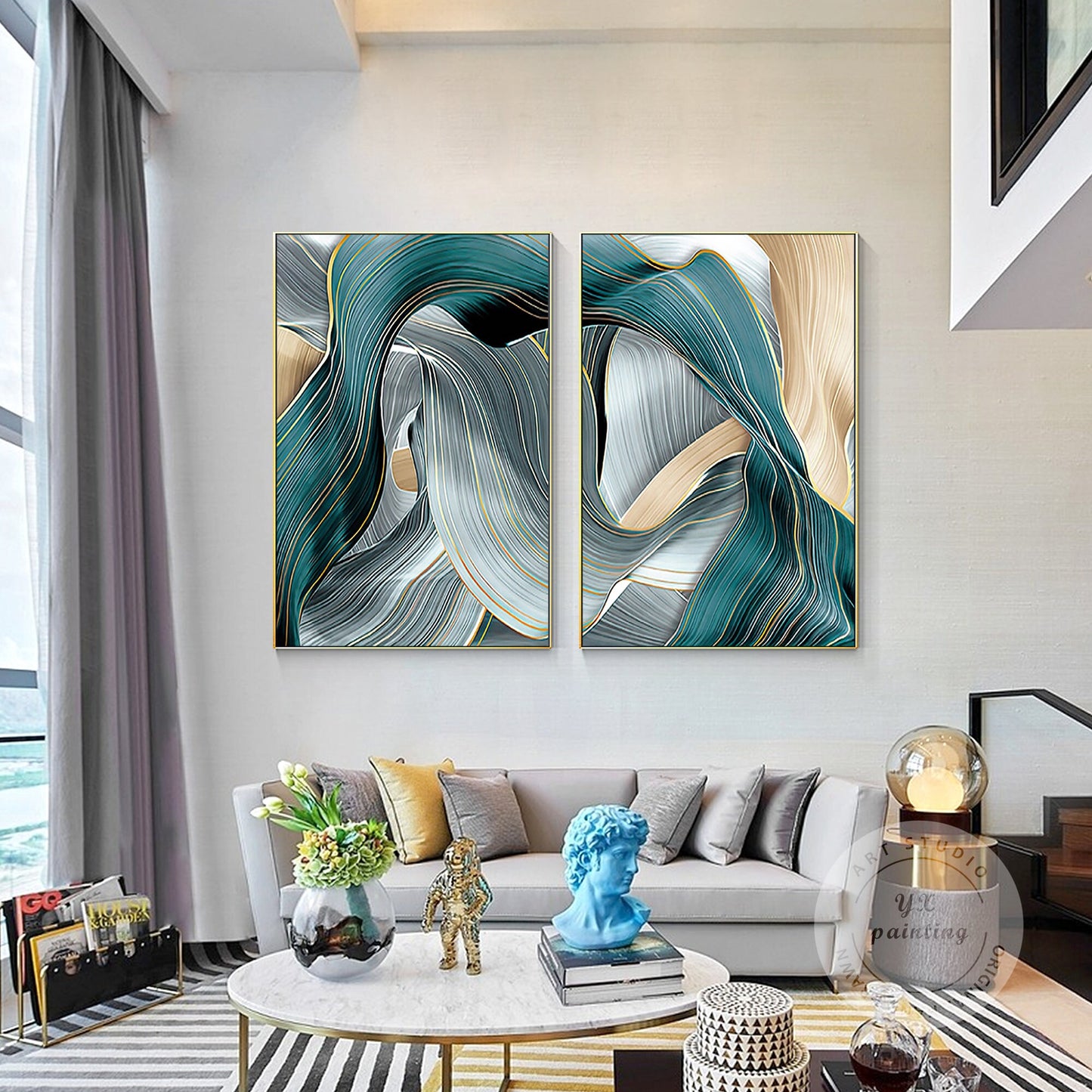 Gold Turquoise Ribbon Abstract Painting Set: Framed Canvas Wall Art #5