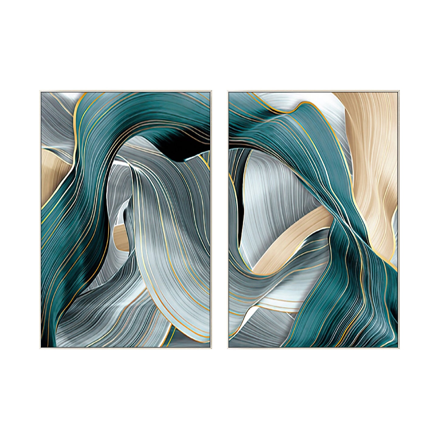 Gold Turquoise Ribbon Abstract Painting Set: Framed Canvas Wall Art #8