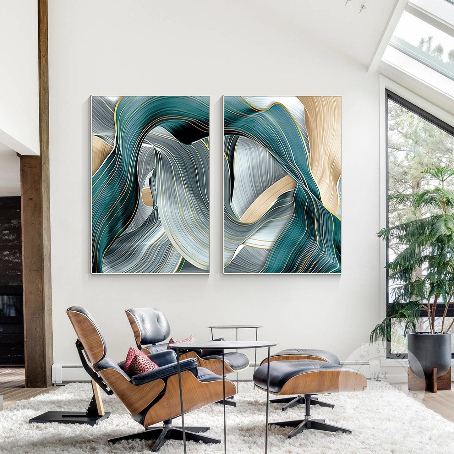 Gold Turquoise Ribbon Abstract Painting Set: Framed Canvas Wall Art #1