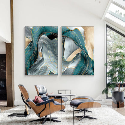 Gold Turquoise Ribbon Abstract Painting Set: Framed Canvas Wall Art #1
