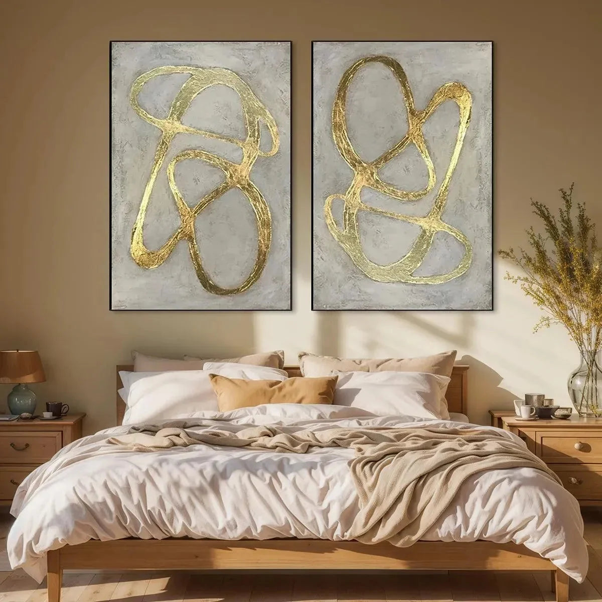 GOLDEN ABSTRACT DIPTYCH: Abstract Painting Set of 2, Vertical Wall Art | gold frame stretched on neutral wall