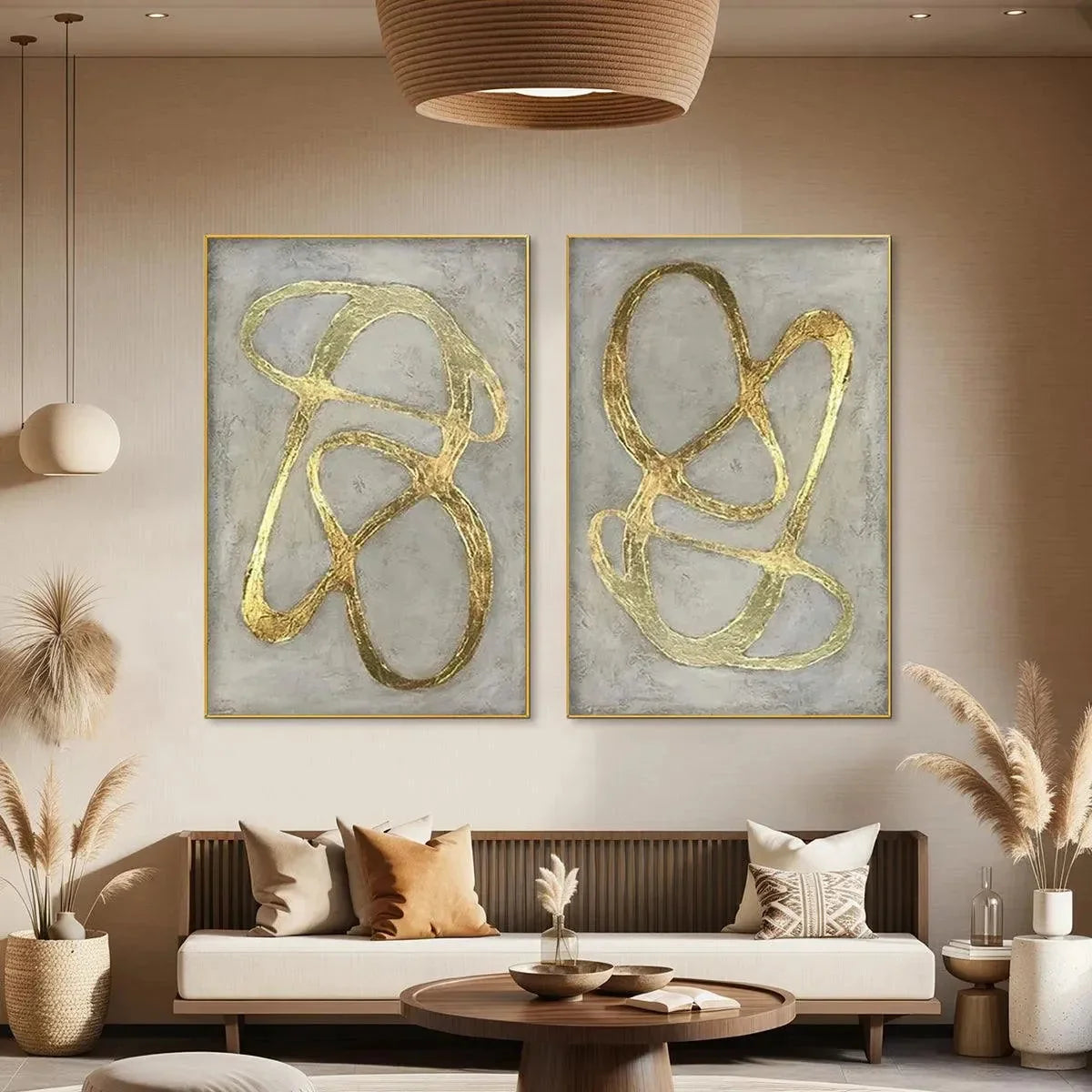 GOLDEN ABSTRACT DIPTYCH: Abstract Painting Set of 2, Vertical Wall Art | rolled canvas, ready for custom framing
