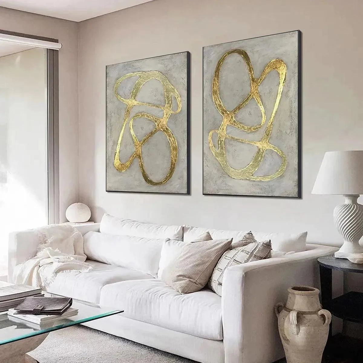 GOLDEN ABSTRACT DIPTYCH: Abstract Painting Set of 2, Vertical Wall Art | black frame version on white wall