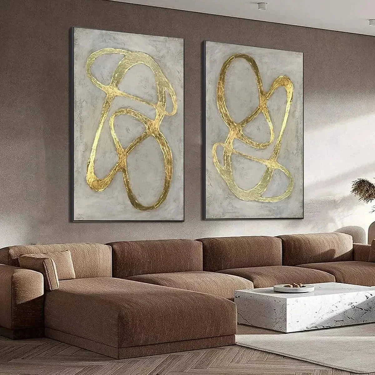 GOLDEN ABSTRACT DIPTYCH: Abstract Painting Set of 2, Vertical Wall Art | Abstract mood, soft natural light studio shot
