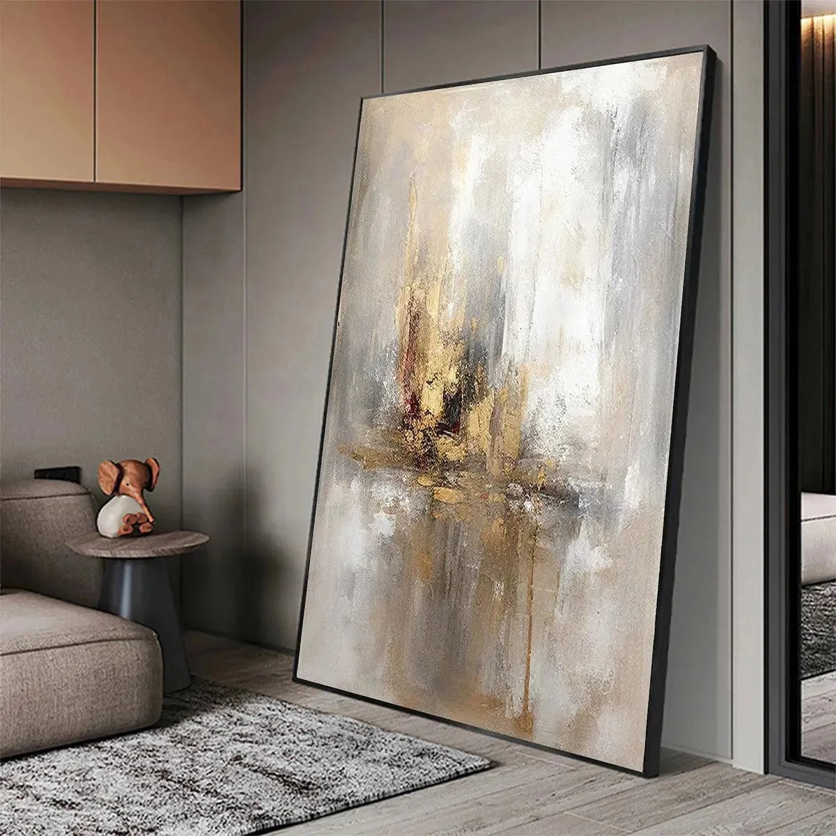 GOLDEN ABSTRACT: Textured Abstract Painting, Vertical Wall Art | gold frame stretched on neutral wall