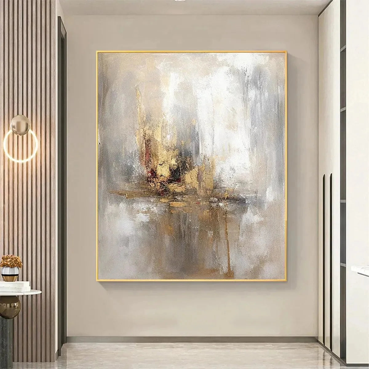 GOLDEN ABSTRACT: Textured Abstract Painting, Vertical Wall Art | black frame version on white wall