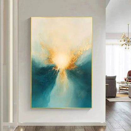 GOLDEN ABYSS: Abstract Teal and Gold Oil Painting | Abstract closeup, raised brushwork detail