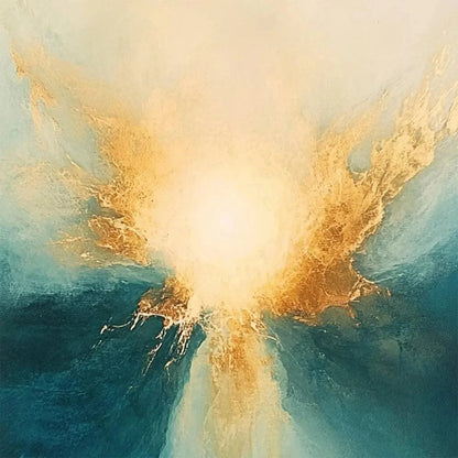 GOLDEN ABYSS: Abstract Teal and Gold Oil Painting | rectangular format, hand-painted canvas edge