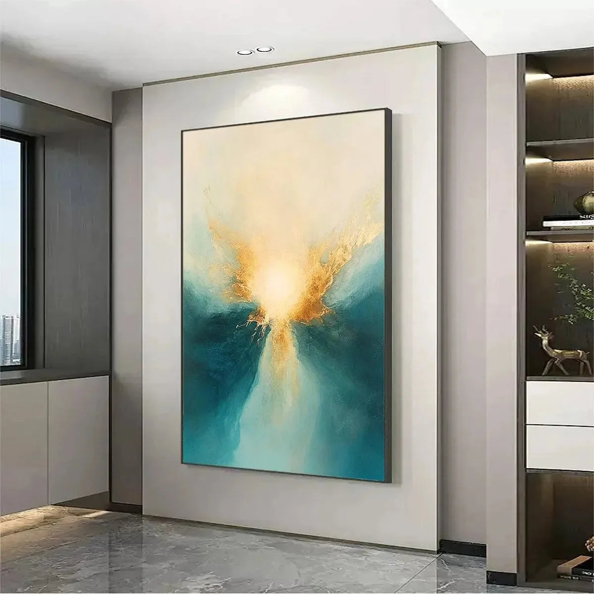 GOLDEN ABYSS: Abstract Teal and Gold Oil Painting | gold frame stretched on neutral wall