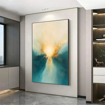 GOLDEN ABYSS: Abstract Teal and Gold Oil Painting | gold frame stretched on neutral wall