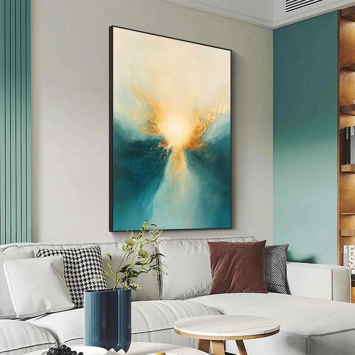 GOLDEN ABYSS: Abstract Teal and Gold Oil Painting | rolled canvas, ready for custom framing