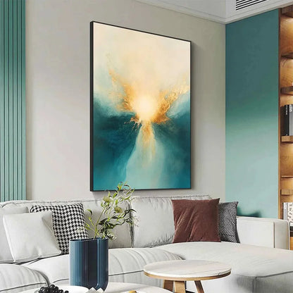 GOLDEN ABYSS: Abstract Teal and Gold Oil Painting | rolled canvas, ready for custom framing