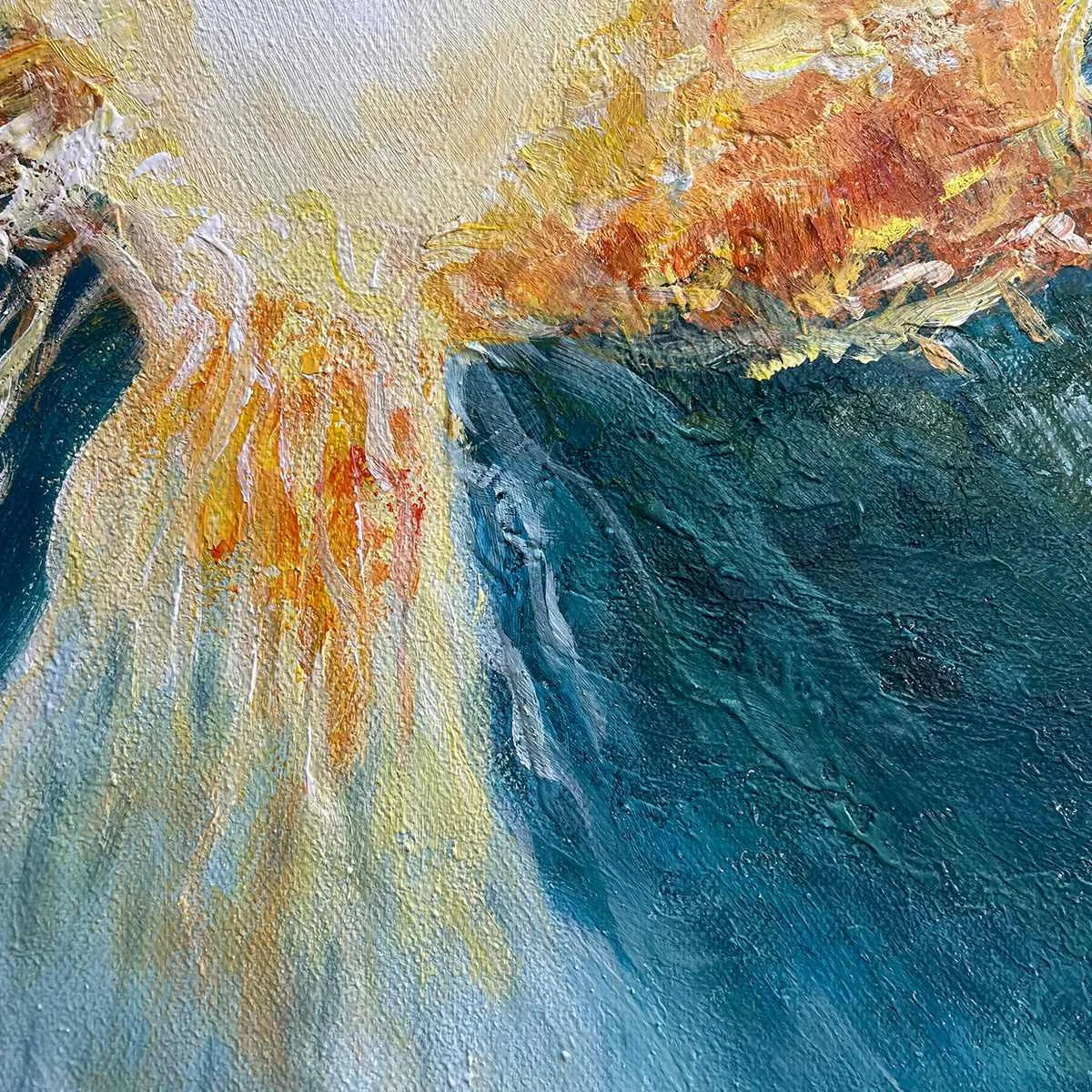 GOLDEN ABYSS: Abstract Teal and Gold Oil Painting | black frame version on white wall
