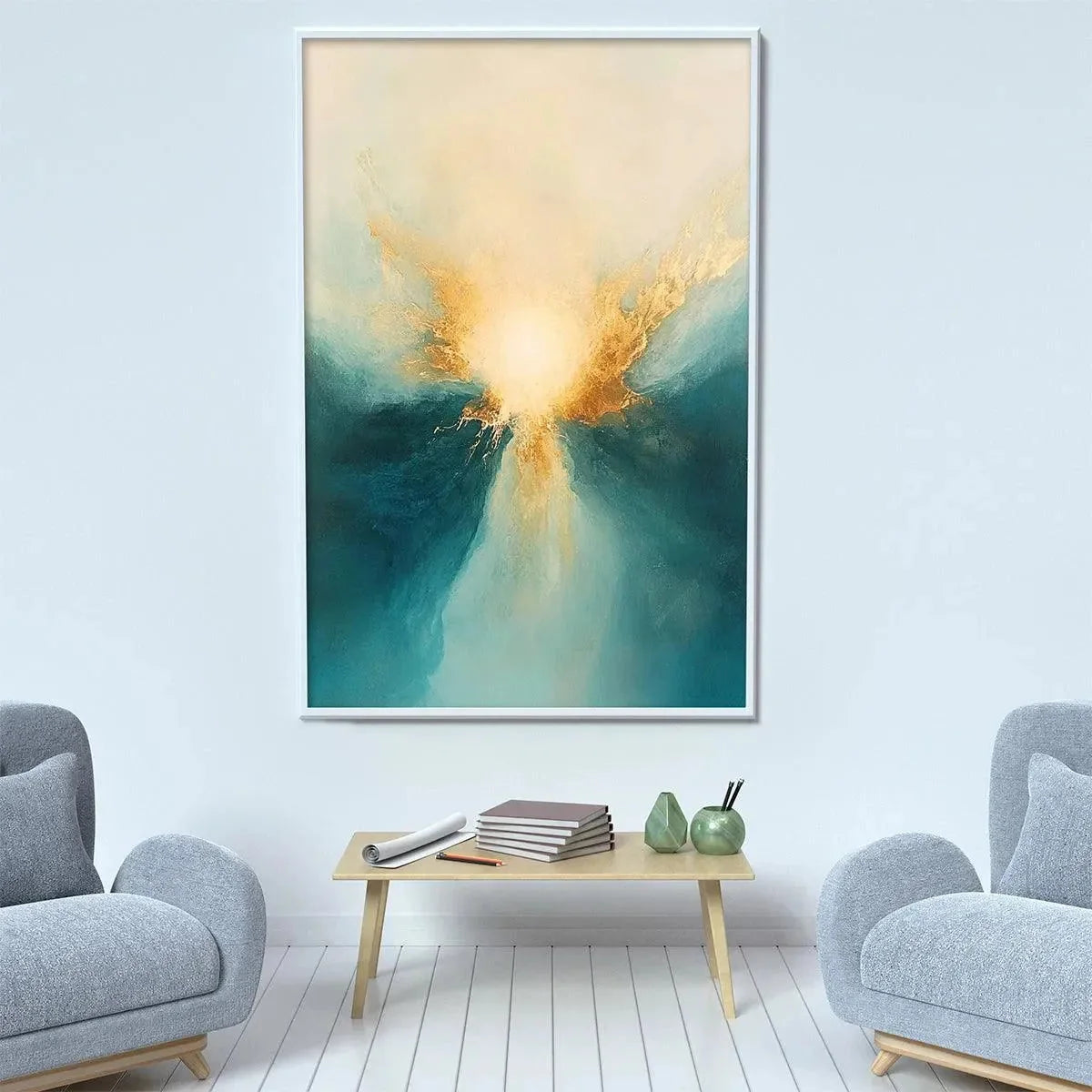 GOLDEN ABYSS: Abstract Teal and Gold Oil Painting | Abstract mood, soft natural light studio shot