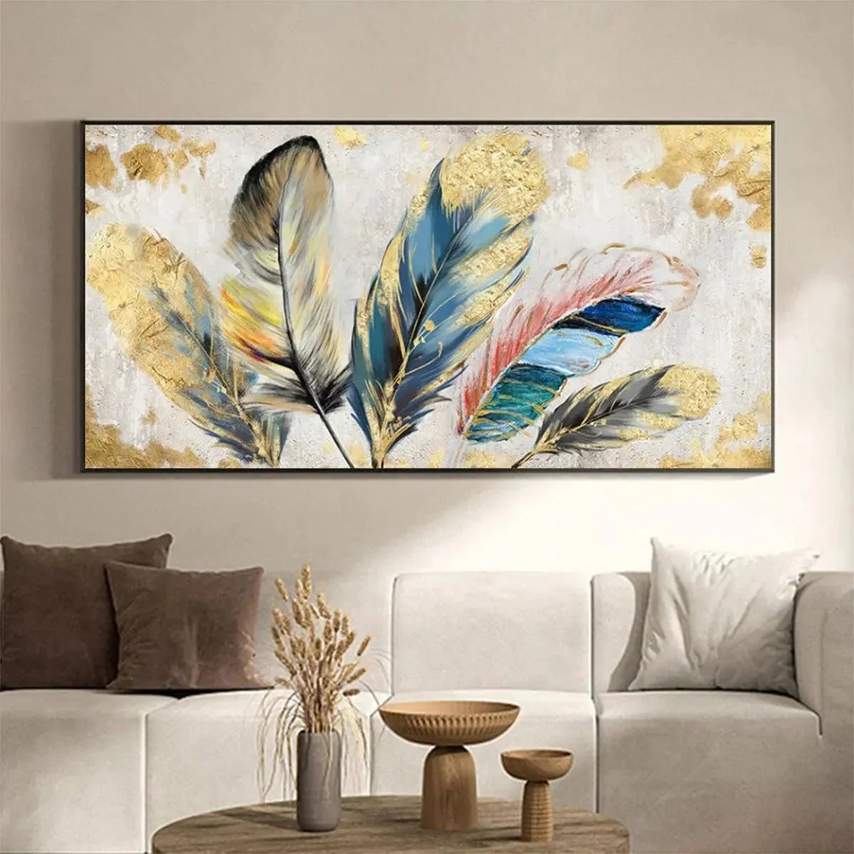 GOLDEN AND BLUE FEATHERS: Vibrant Feather Painting, Horizontal Wall Art | Figurative closeup, raised brushwork detail