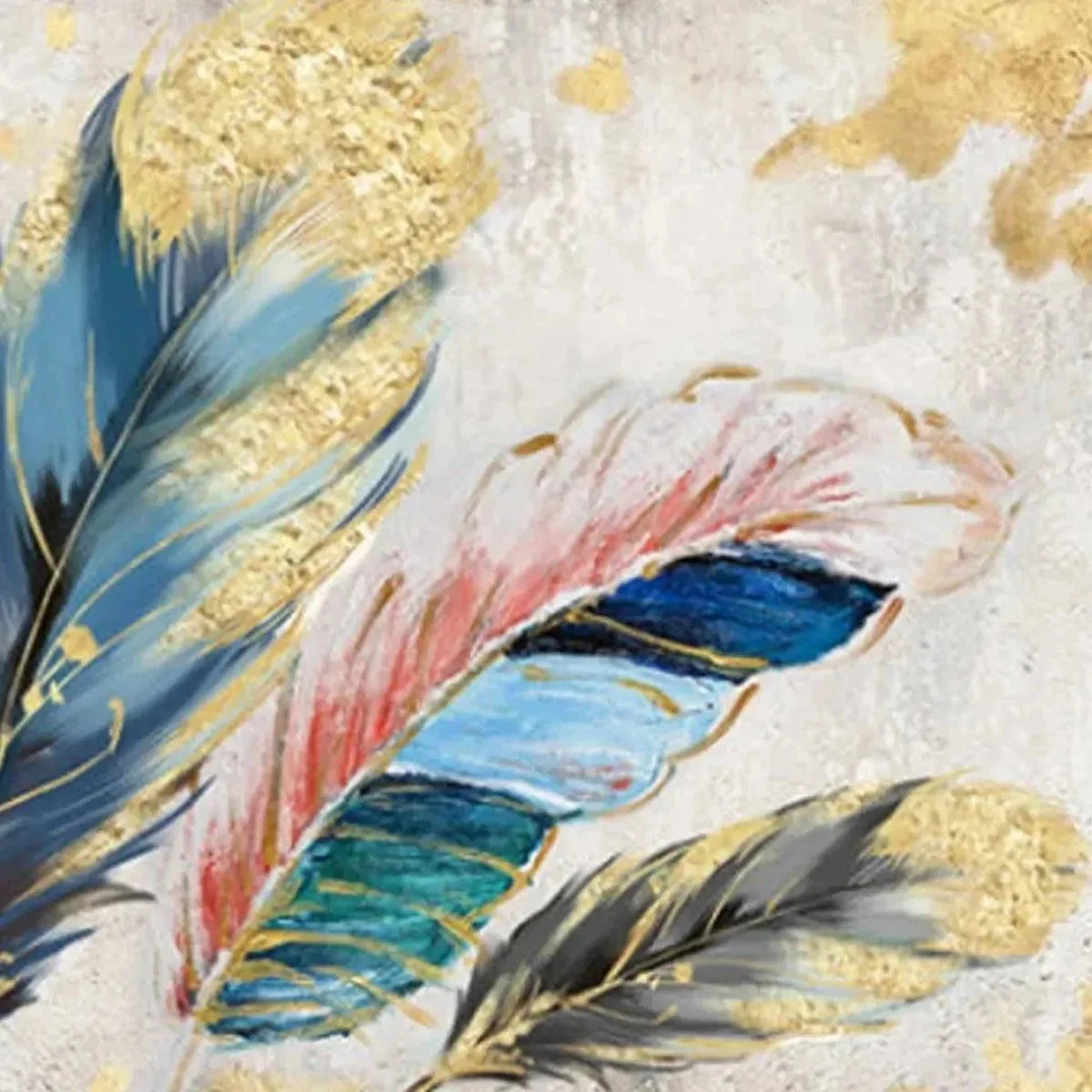 GOLDEN AND BLUE FEATHERS: Vibrant Feather Painting, Horizontal Wall Art | rectangular format, hand-painted canvas edge