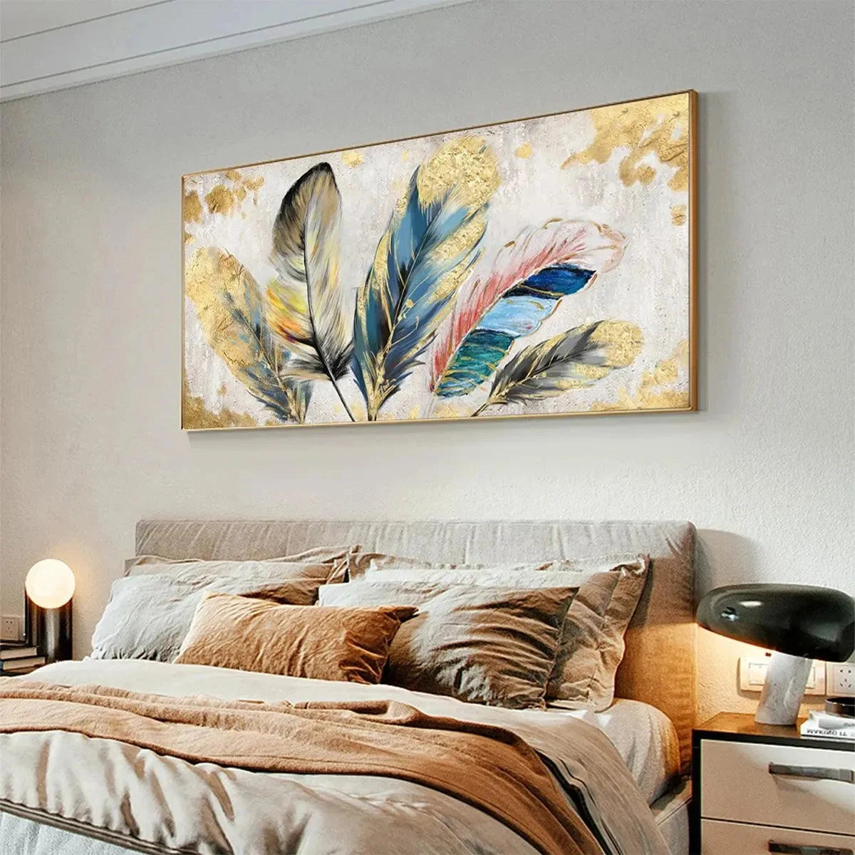 GOLDEN AND BLUE FEATHERS: Vibrant Feather Painting, Horizontal Wall Art | gold frame stretched on neutral wall