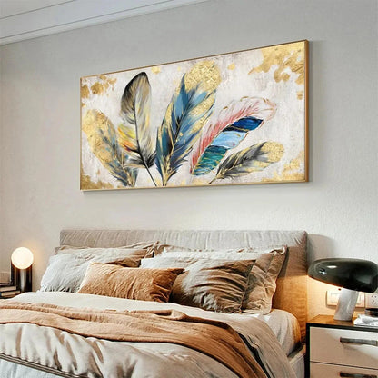 GOLDEN AND BLUE FEATHERS: Vibrant Feather Painting, Horizontal Wall Art | gold frame stretched on neutral wall
