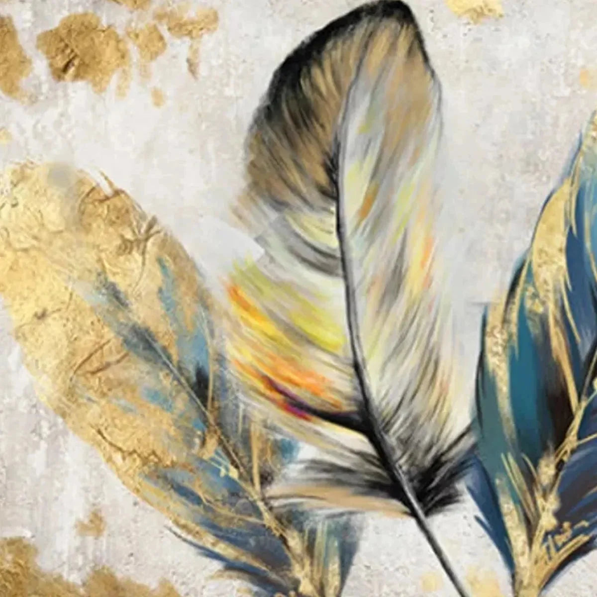 GOLDEN AND BLUE FEATHERS: Vibrant Feather Painting, Horizontal Wall Art | rolled canvas, ready for custom framing